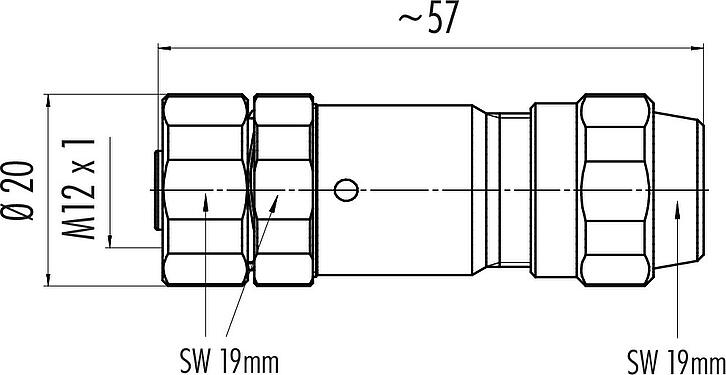 Scale drawing M12 Female cable connector, Contacts: 5, 5.5-8.6 mm, shieldable, screw clamp, IP68/IP69K, UL 2238, Ecolab, stainless steel, with shielding ring
