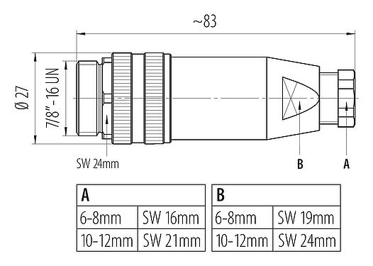 Maßzeichnung 7/8" Kabelstecker, Polzahl: 3+PE, 10,0-12,0 mm, ungeschirmt, schraubklemm, IP67, UL 2238, VDE