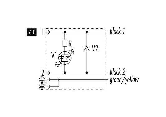 Kosketinten liitäntäkaavio Magneettiventtiilin pistorasia, Napojen määrä: 2+2PE, suojaamaton, suihkutettu kaapelille, IP67, PUR, musta, Piiri Z10, LED PNP:llä, 5 m