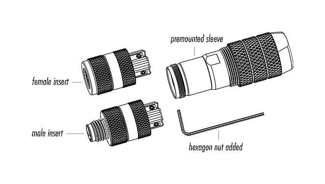 Component part drawing M8 Female cable connector, Contacts: 4, 5.0-8.0 mm, shieldable, screw clamp, IP67, M8x1.0, iris spring