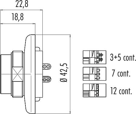 Scale drawing M25 Male panel mount connector, Contacts: 7, shieldable, solder, IP40, Front mounting
