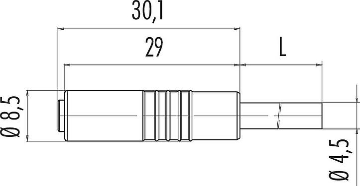 Scale drawing M8 Female cable connector, Contacts: 4, unshielded, moulded on the cable, IP65, PVC, black, 4 x 0.25 mm², Snap-in version, 5 m