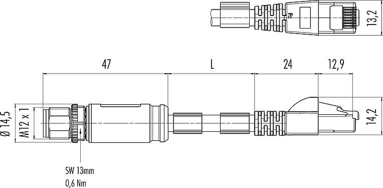 比例圖 M12/RJ45 連接線束 針頭電纜連接器-RJ45針頭連接器, : 8, 遮罩, 預鑄電纜, IP67, UL, PUR, 綠色, AWG 26/7, 5m
