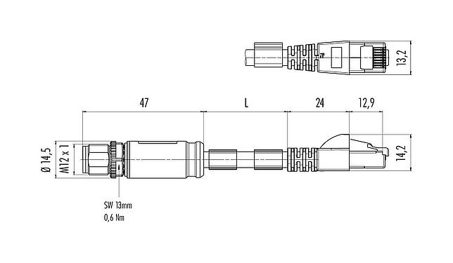 Méretarányos rajz M12/RJ45 Összekötőkábel kábeldugasz - RJ45 csatlakozó, : 8, árnyékolt, kábelre öntött, IP67, UL, PUR, zöld, AWG 26/7, 10 m