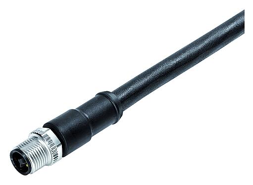 Abbildung M12 Kabelstecker, Polzahl: 4, ungeschirmt, am Kabel angespritzt, IP68, UL 2238, PUR, schwarz, 4 x 1,50 mm², 5 m