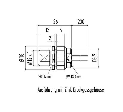 Maßzeichnung M12 Flanschstecker, Polzahl: 5, ungeschirmt, Litzen, IP68, UL 2238, PG 9, Frontmontage, Kodierungsausrichtung positionierbar