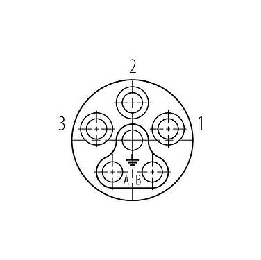Polbild (Steckseite) Bajonett Kabeldose, Polzahl: 6 (3+PE+2), 7,0-14,0 mm, schirmbar, schraubklemm, IP67 gesteckt und verriegelt, UL 2237