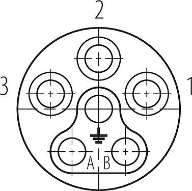 Disposition des contacts (Côté plug-in) Baïonnette Connecteur femelle, Contacts: 6 (3+PE+2), 7,0-14,0 mm, blindable, pince à visser, IP67 enfiché et verrouillé, UL 2237