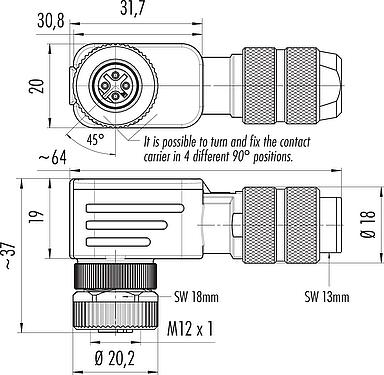 스케일 드로잉 M12 각진 소켓, 콘택트 렌즈: 4, 5.0-8.0mm, 차폐 가능, 크림프(크림프 접점은 별도로 주문해야 함), IP67, UL 2238