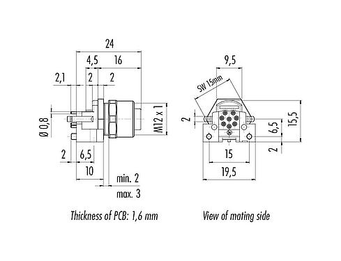 比例圖 M12 孔頭法蘭座, : 8, 非遮罩, THR, IP68, UL 2238, M12x1.0, 板前安裝, 用於PCB組裝