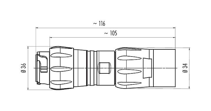 Maßzeichnung Bajonett Kabelstecker, Polzahl: 4+PE, 7,0-17,0 mm, ungeschirmt, crimpen (Crimpkontakte müssen separat bestellt werden), IP68/IP69K, UL 2238, VDE, UV-Beständig