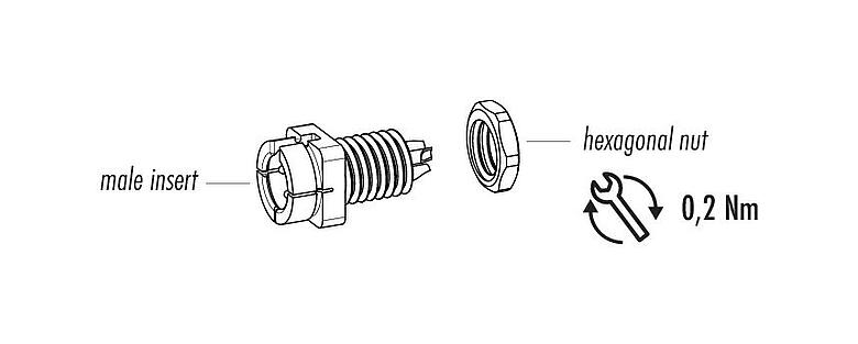Component part drawing Snap-In Male panel mount connector, Contacts: 3, unshielded, solder, IP40, 1/4" 28 UNF, Front mounting