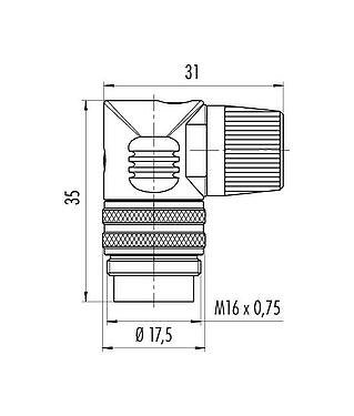 Dessin coté M16 Connecteur mâle coudé, Contacts: 2 (02-a), 4,0-6,0 mm, non blindé, souder, IP40