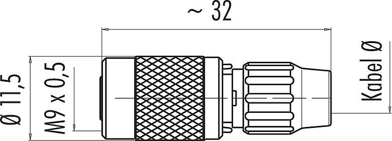 Maßzeichnung M9 Kabeldose, Polzahl: 4, 4,0-5,0 mm, ungeschirmt, löten, IP40