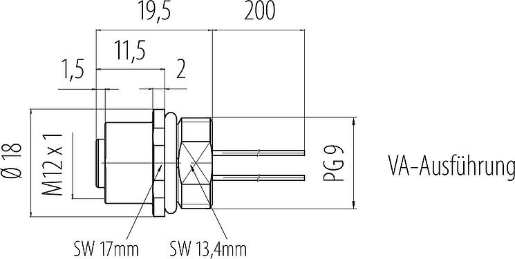 Maßzeichnung M12 Flanschdose, Polzahl: 5, ungeschirmt, Litzen, IP68, PG 9, Frontmontage, Edelstahl, vergossen