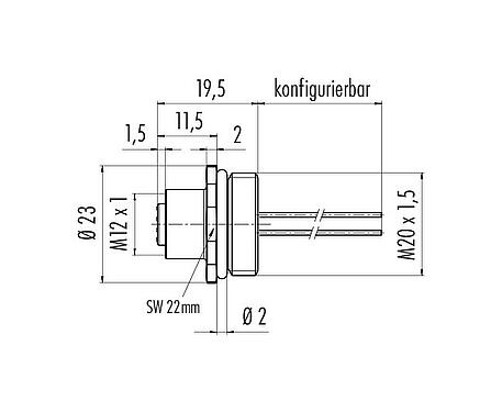Maßzeichnung M12 Flanschdose, Polzahl: 12, ungeschirmt, Litzen, IP68, UL 2238, M20x1,5, Frontmontage, vergossen