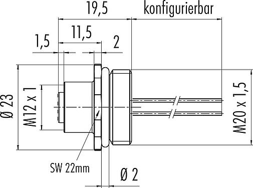 Maßzeichnung M12 Flanschdose, Polzahl: 4, ungeschirmt, Litzen, IP67, UL 2238, M20x1,5, Frontmontage, vergossen