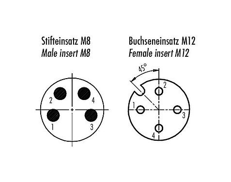 联系安排 (外掛程式側) M12/M8 适配器, 极数: 4, 非屏蔽, 插拔式, IP67