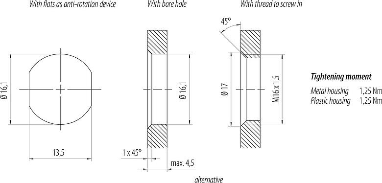 Montagevoorbeeld M12 Female panel mount connector, aantal polen: 5, onafgeschermd, draden, IP68, UL 2238, M16x1,5, Frontaansluiting