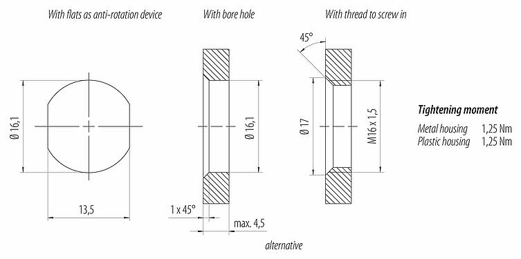 Montagevoorbeeld M12 Male panel mount connector, aantal polen: 4, onafgeschermd, THR, IP68, UL 2238, M16x1,5, Frontaansluiting