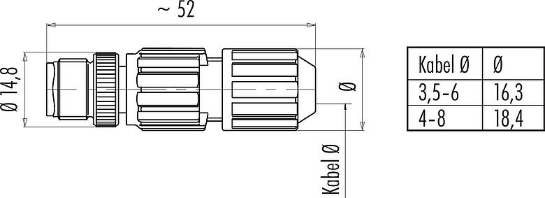 Maßzeichnung M12 Kabelstecker, Polzahl: 4, 3,5-6,0 mm, ungeschirmt, IDC, IP67