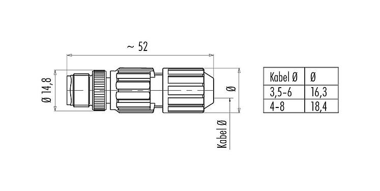 Maßzeichnung M12 Kabelstecker, Polzahl: 4, 4,0-8,0 mm, ungeschirmt, IDC, IP67