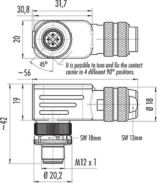 Scale drawing M12 Male angled connector, Contacts: 4, 6.0-8.0 mm, shieldable, wire clamp, IP67, with shielding ring