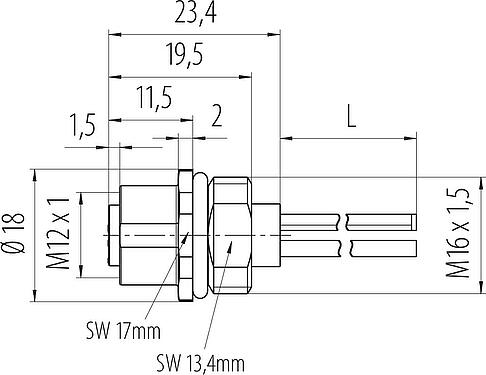 Bản vẽ tỷ lệ M12 Ổ cắm gắn bảng, Số lượng cực : 3, không có chống nhiễu, dây đơn, IP68, UL 2238, M16x1,5, Gắn phía trước, túp lều