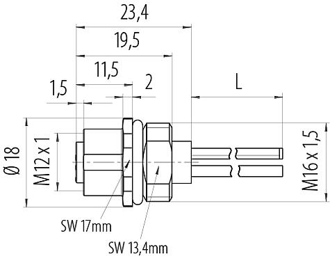 Maßzeichnung M12 Flanschdose, Polzahl: 3, ungeschirmt, Litzen, IP68, UL 2238, M16x1,5, Frontmontage, vergossen