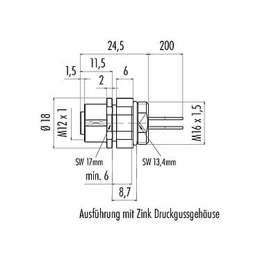Maßzeichnung M12 Flanschdose, Polzahl: 4, ungeschirmt, Litzen, IP68, UL 2238, M16x1,5, Frontmontage, für die Spannungsversorgung