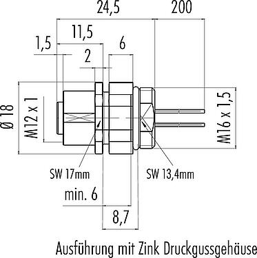 Maßzeichnung M12 Flanschdose, Polzahl: 12, ungeschirmt, Litzen, IP68/IP69K, UL 2238, M16x1,5, Frontmontage, Kodierungsausrichtung positionierbar, vergossen