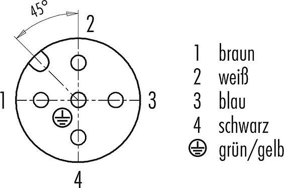 Polbild (Steckseite) M12 Kabeldose, Polzahl: 5, ungeschirmt, am Kabel angespritzt, IP68/IP69K, PUR, schwarz, 5 x 0,34 mm², für Schweißanwendungen, 2 m