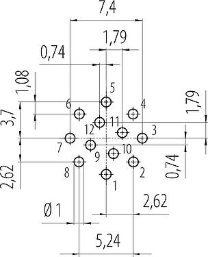 導体レイアウト スナップイン オスパネルマウントコネクタ, 極数: 12, 非シールド, THT, IP67, VDE, M12x1.0, フロントマウント
