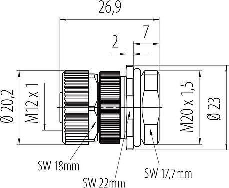 Масштабный чертеж M12 Фланцевая розетка, Количество полюсов: 3+PE, не экранированный, винтовая клемма, IP68, UL 2238, VDE, M20x1,5, Фронтальное крепление