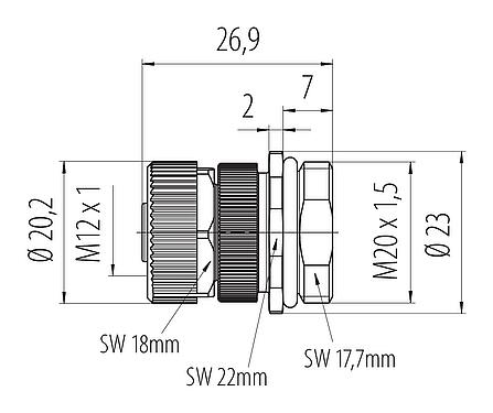 比例图 M12 孔头法兰座, 极数: 3+PE, 非屏蔽, 螺钉接线, IP68, UL 2238, VDE, M20x1.5, 板前安装