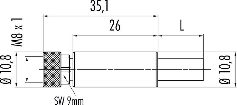 Scale drawing M8 Female cable connector, Contacts: 4, shielded, moulded on the cable, IP67, Profinet/Ethernet CAT5e, PUR, green, 4 x AWG 22, 5 m