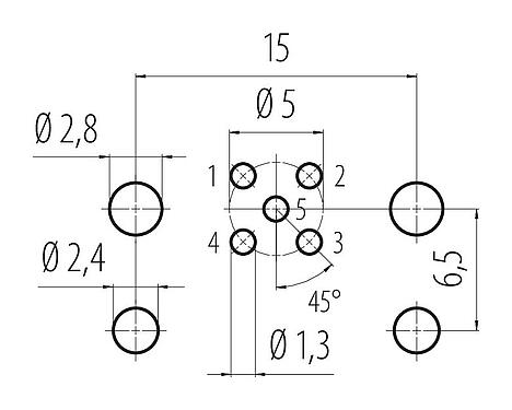 導體佈局 99 3442 200 05 - M12 孔頭法蘭座, : 5, 非遮罩, THR, IP68, UL, 用於PCB組裝