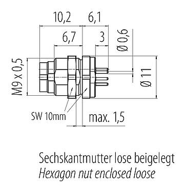 Bản vẽ tỷ lệ M9 Phích cắm gắn bảng, Số lượng cực : 7, không có chống nhiễu, THT, IP40, M9x0,5, Chốt trung tâm