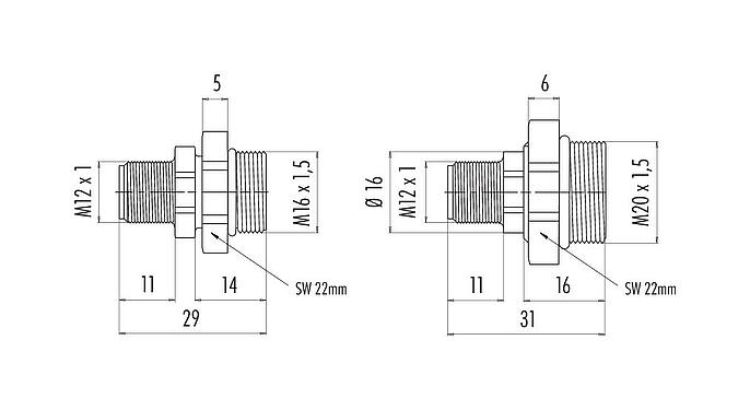 Scale drawing M12 Male panel mount connector, Contacts: 4, unshielded, solder, IP67, M20x1.5, Front mounting
