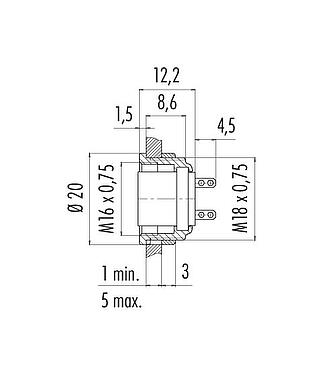 Schaaltekening M16 Female panel mount connector, aantal polen: 5 (05-b), onafgeschermd, soldeer, IP40, M18x0,75, Frontaansluiting