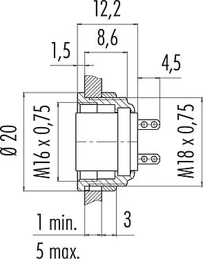 Scale drawing M16 Female panel mount connector, Contacts: 5 (05-a), unshielded, solder, IP40, M18x0,75, Front mounting
