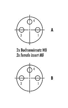 Polbild (Steckseite) M8 Zweifachverteiler, Y-Verteiler, Polzahl: 3, ungeschirmt, am Kabel angespritzt, IP68, UL 2238, PUR, schwarz, 4 x 0,25 mm², mit LED PNP, 2 m