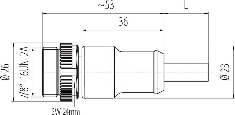 Schaaltekening 7/8" Kabelstekker, aantal polen: 3, onafgeschermd, aan de kabel aangegoten, IP68, UL 2238, PUR, zwart, 3 x 1,50 mm², 2 m