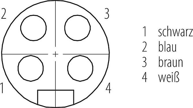 Polbild (Steckseite) 7/8" Flanschdose, Polzahl: 4, ungeschirmt, Litzen, IP68, UL 2238, VDE, PG 13,5, Frontmontage, vergossen