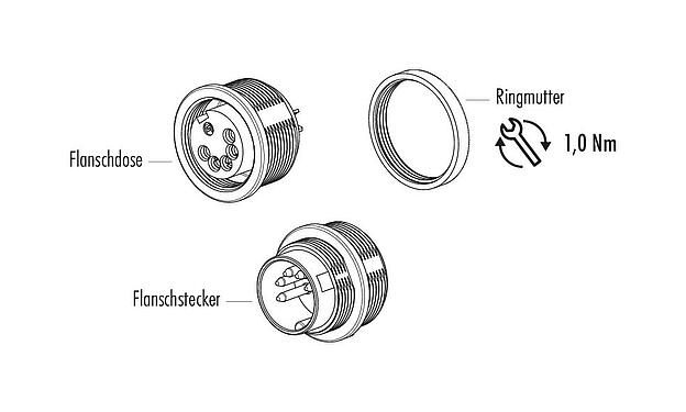 Einzelteildarstellung M16 Flanschdose, Polzahl: 5 (05-a), ungeschirmt, löten, IP40, M18x0,75, Frontmontage