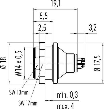 Mittakaavapiirustus Push Pull Laippapistorasia, Napojen määrä: 3, suojaamaton, juotos, IP67, M14x0,5, Kiinnitys takaseinään
