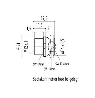 Maßzeichnung M12 Flanschdose, Polzahl: 8, ungeschirmt, löten, IP67, UL 2238, M16x1,5, Frontmontage