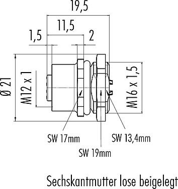Maßzeichnung M12 Flanschdose, Polzahl: 4, ungeschirmt, löten, IP67, UL 2238, M16x1,5, Frontmontage
