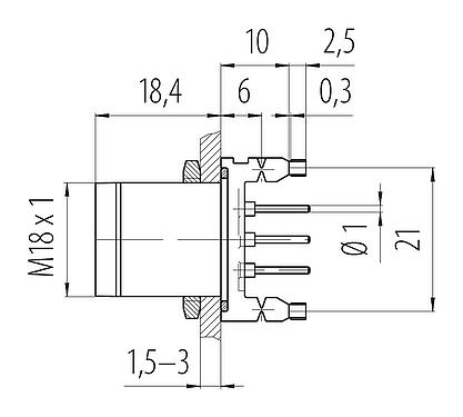 Méretarányos rajz M18 panelre szerelhető csatlakozó, : 4, árnyékolatlan, THT, IP67, UL, M18x1,0, hátsó panel felszerelés