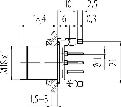 比例图 M18 针头法兰座, 极数: 4, 非屏蔽, THT, IP67, M18x1,0, 後壁安裝